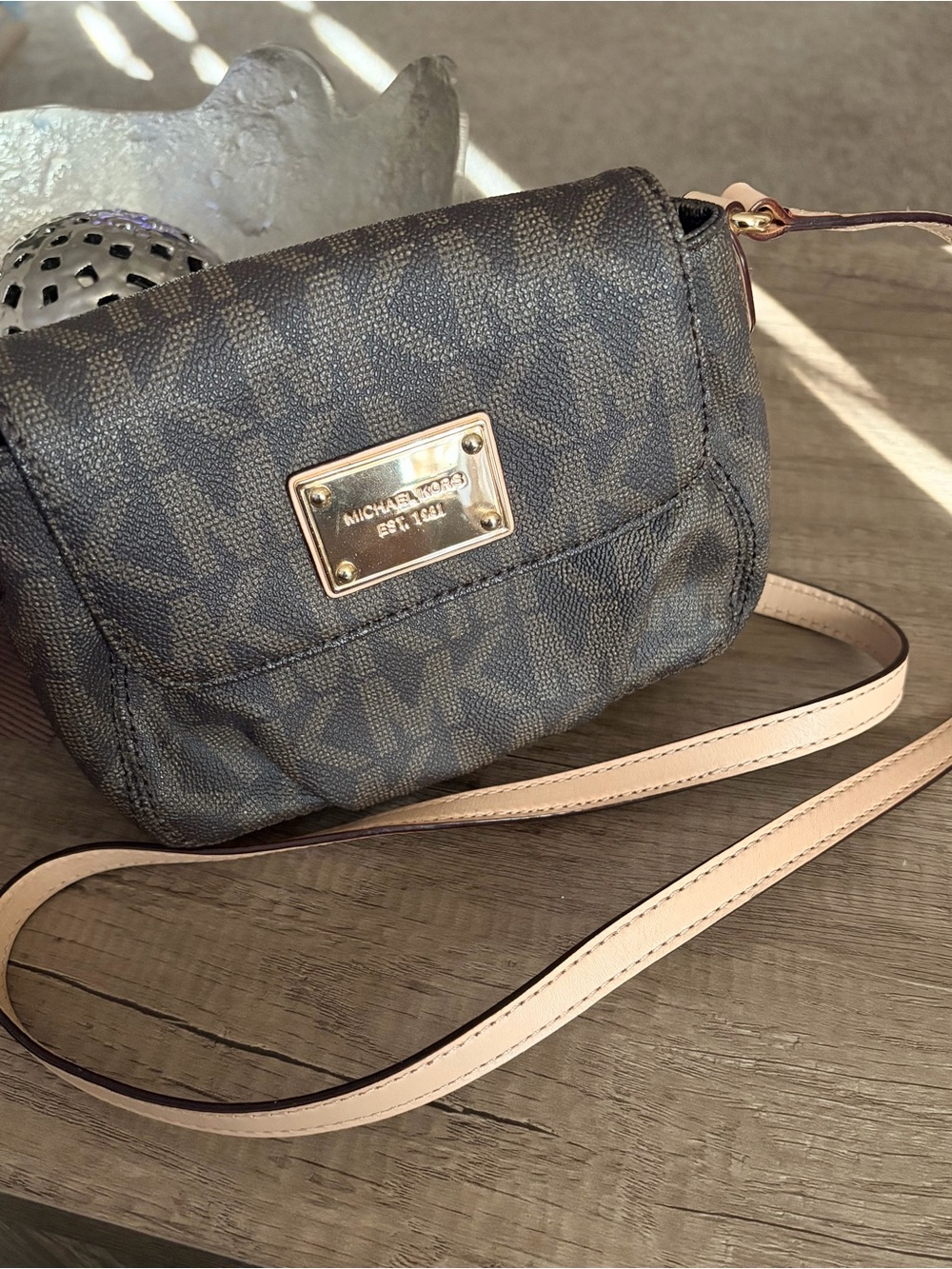 Michael Kors Brown Logo Crossbody with Strap and Gold Plate